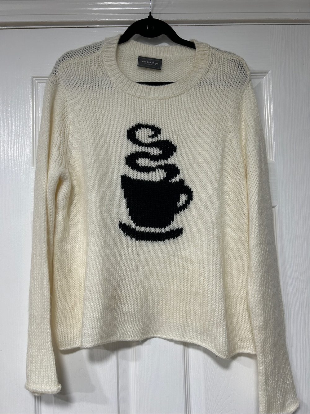 Wooden Ships Cream Knit Sweater with Black Coffee Cup Motif-S/M